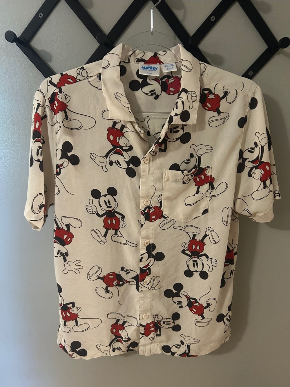 Disney Mickey Mouse Beige Short-Sleeve Button-Up Shirt with Red & Black Print
